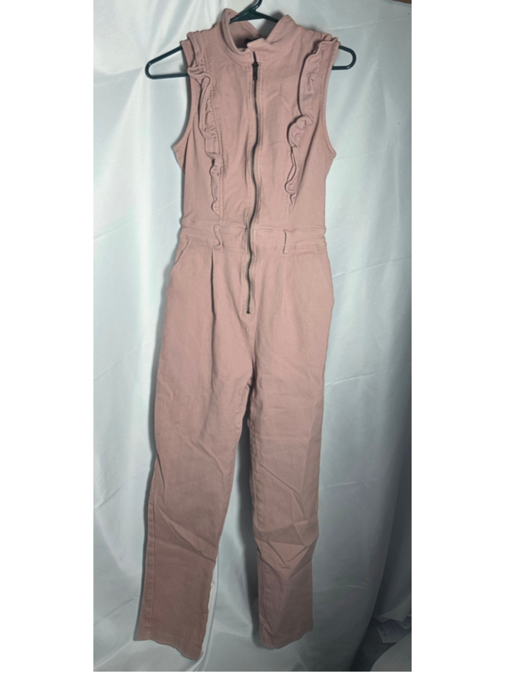 Women's Strut & Bolt Pink Ruffled Zip-Front denim jumpsuit Size S coquette fall